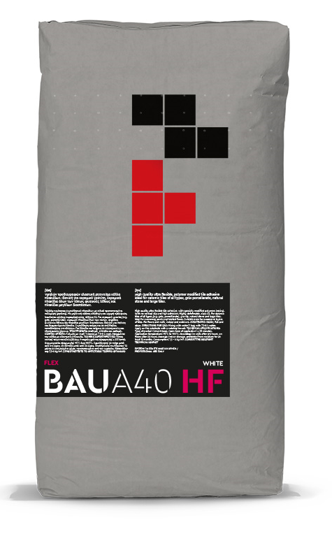 BAU A40 HF, λευκή εύκαμπτη κόλλα πλακιδίων, (C2TES2), 25kg/σακί.